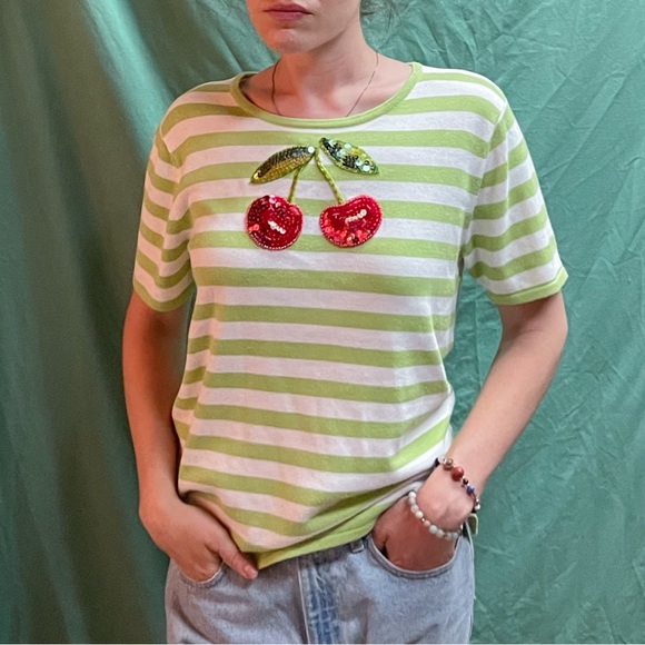 Vintage Sequin Cherry Striped Sweater Shirt - Picture 1 of 4
